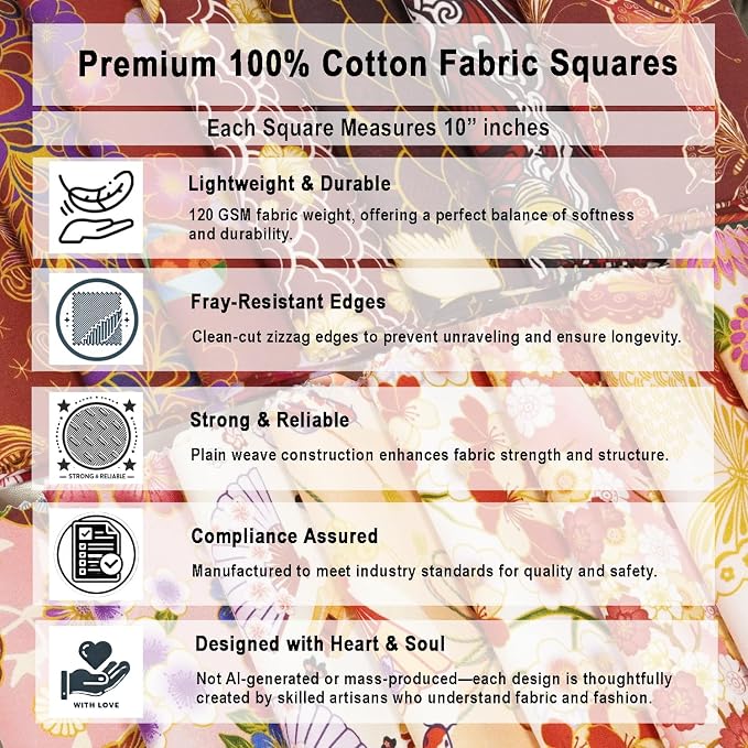 Soimoi 40Pcs 10" x 10" DIY Cotton Fabric Squares, 10" Layer Cake Squares Patchwork, Pre-Cut Quilt Charm Pack, DIY Sewing Quarters Bundle, Quilting Fabric Bundles- Japanese Elegance