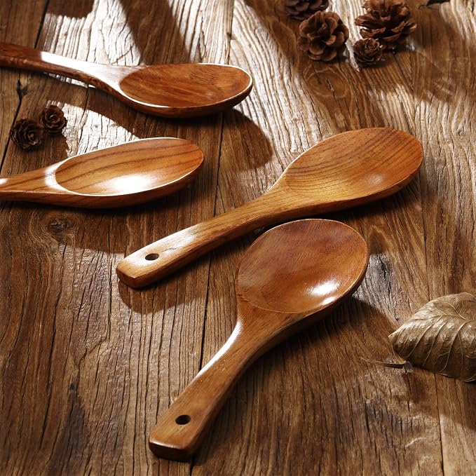 Patelai 8 Pieces 9 Inch Wooden Spoons for Cooking Eating with Long Handle, Nonstick Heat-resistant Serving Salad Stirring Soup Rice Paddle for Serving Kitchen Cooking Home Table Scooper