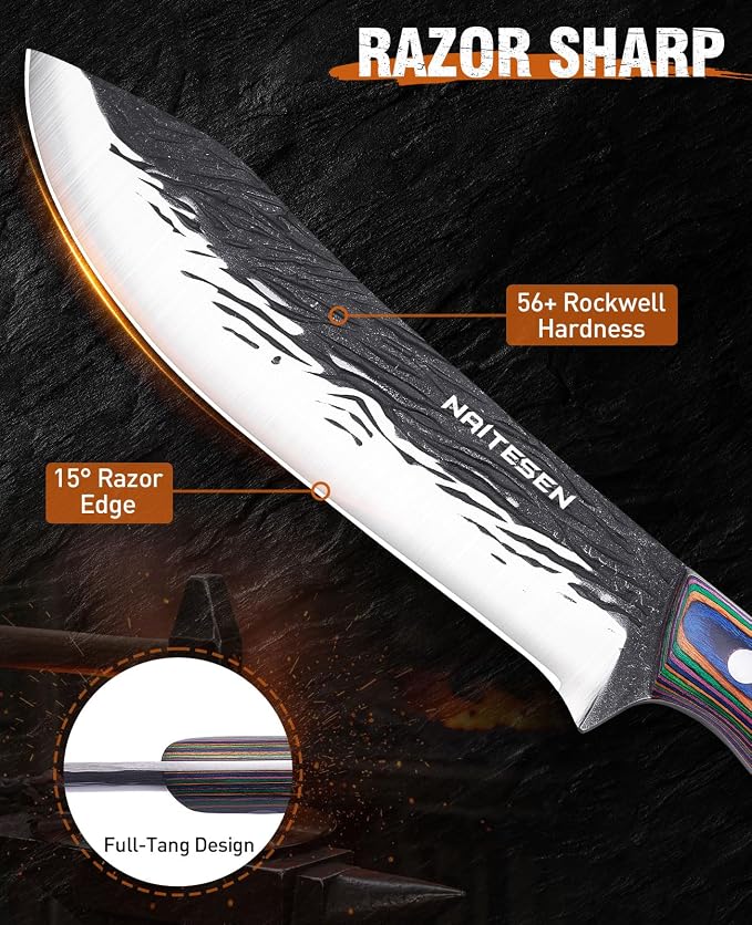 Naitesen 3PCS Hand Forged Butcher Knife Set - 15° Razor Sharp 6.5" Serbian Chef Knife, 8.5" Meat Slicer & 6.5" Boning Knife for Meat Cutting Kitchen Cooking BBQ - Gold-Stamped Gift Box