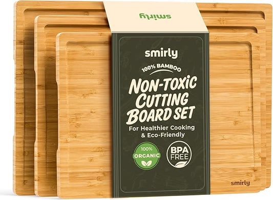 SMIRLY Bamboo Cutting Boards for Kitchen - Wood Cutting Board for Meal Prep, Serving, Charcuterie - Kitchen Gadgets, House Warming Gifts - Wooden Chopping Board Set of 3 - Natural Bamboo