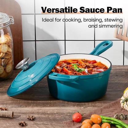 Homikit 3 Quart Saucepan with Lid, Enameled Cast Iron Saucepan for All Cooktops, Heavy Duty Cast Iron Pot for Kitchen Cooking, Boiling, Nonstick & Up to 500°F, Teal Ombre