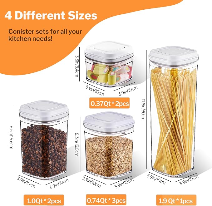 UFORU Pop Top Food Storage Container Set | 8Pcs Airtight Cereal Storage Organizer Canisters with Pop Lids, BPA-Free, Vacuum Seal & One-button Opening, Stackable Pantry Containers for Dry Food Storage