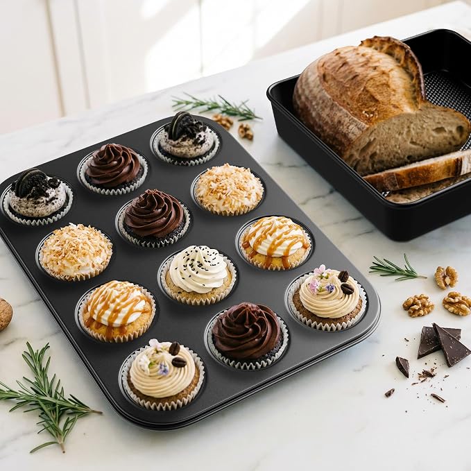 16-Piece Baking Pan Set, Nonstick Bakeware Set with Rack, Oven Mitts, Donut Pan, and Heart Pan, Stackable Carbon Steel Baking Set with Kitchen Utensils, Black
