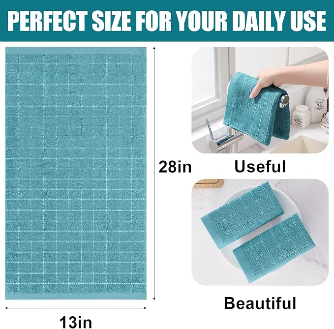 Homaxy 100% Cotton Terry Kitchen Towels(Lake Blue, 13 x 28 inches), Checkered Designed, Soft and Super Absorbent Dish Towels, 4 Pack