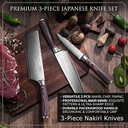 3 PCS Japanese Nakiri Knife Set - Professional High Carbon Stainless Steel Vegetable Cleavers, Ultra Sharp Razor Edge Kitchen Knife with Ergonomic Handle & Gift Box, Multi-purpose Asian Chef Knives