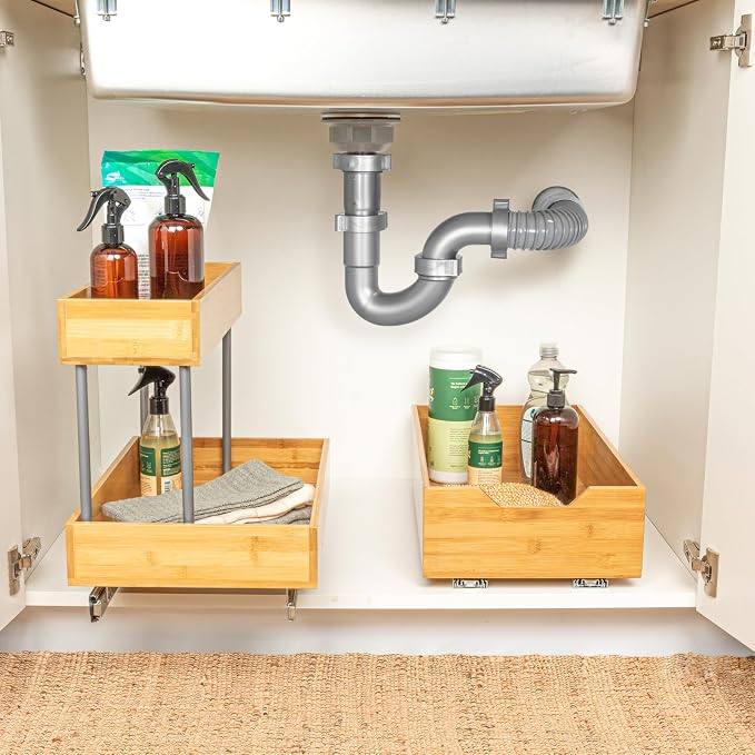 Household Essentials Glidez Bamboo and Steel Pull-Out/Slide-Out Storage Organizer for Under Cabinet Use - 1-Tier Design - Fits Standard Size Cabinet or Shelf, Natural