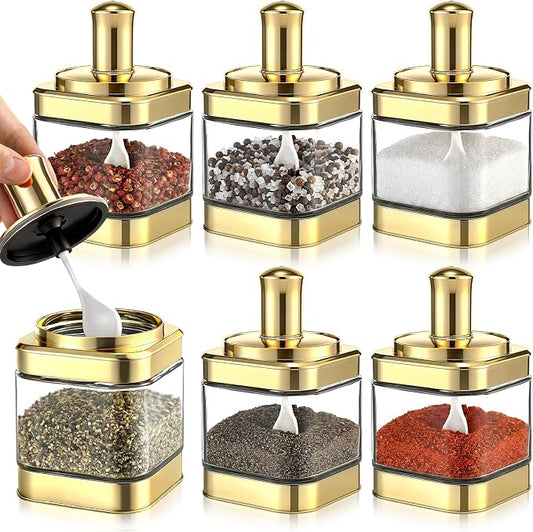 LemonRoad 6 Pack Gold Glass Condiment Pot, 12 Ounce Gold Spice Jars with Spoons and Lids, Seasoning Box Set Salt Container, Sugar Dispenser, Kitchen Containers for Flour and Sugar