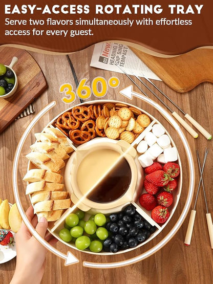 LUSHYUM Chocolate Fondue Pot Set Electric Melting Machine, 4-Cup Capacity 4 Trays 6 Forks 1 Spatula Cheese Warmer, Ideal Gift for Couple Family & Date Night Idea House Warming Holidays Essentials