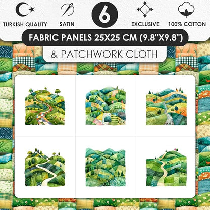 Patchwork Green Hills Cotton Fabric Panel – 6 Designs (10×10 inch Each) + Bonus Sheet 29.5×19.6 inch, 100% Cotton 140 GSM, Made in Türkiye