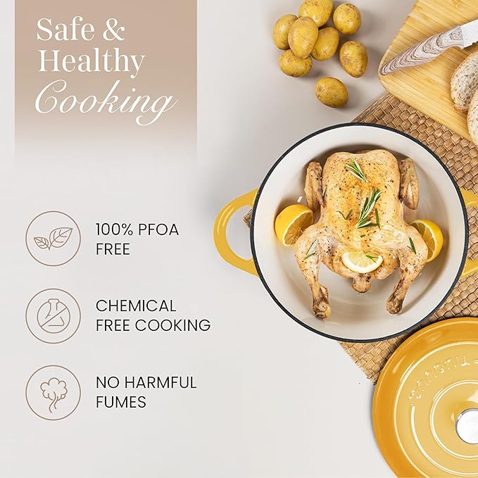 Nuovva Enamelled Cast Iron Dutch Oven Pot with Lid 6.4 Quart Non Stick Casserole Pot-Heavy Duty & Oven Safe up to 500° F for Bread Baking, Braising, Stews, Roasting - 28cm Yellow