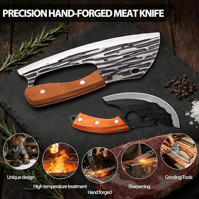 2 Pcs Meat Cleaver Knife Set, Effort Saving Meat Cleaver for Cutting Meat Vegetable, Sharp Carbon Steel Cooking Viking Knife with Leather Sheath for Kitchen, Camping, Outdoor Cooking, BBQ Gift
