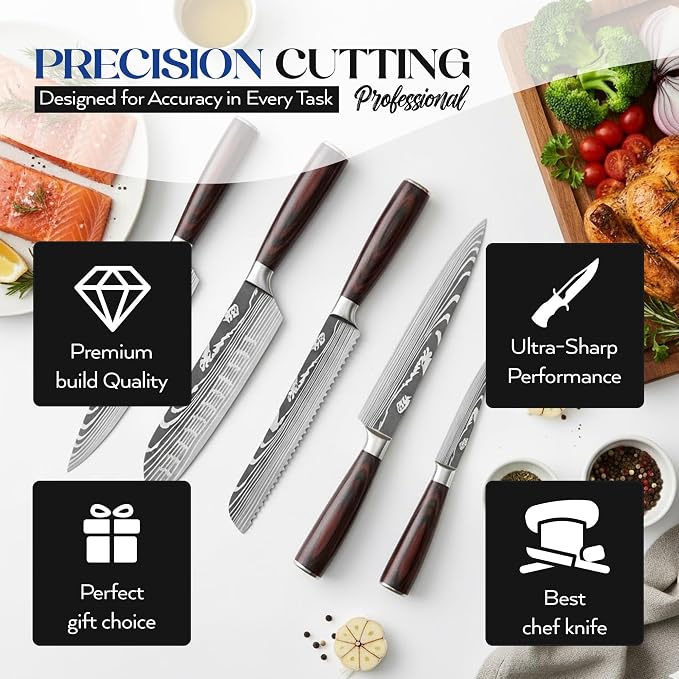 Kitchen Knife Set of 5, Ultra Sharp Knife Set with Pakkawood Handle, High Carbon Stainless Steel Knives Set for Kitchen