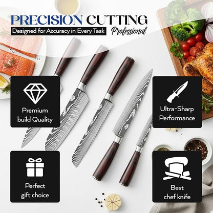 Kitchen Knife Set of 5, Ultra Sharp Knife Set with Pakkawood Handle, High Carbon Stainless Steel Knives Set for Kitchen