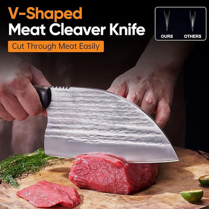 3PCS Meat Cleaver Knife Set - Serbian Chef Knife, Hand Forged Butcher Knife Boning Knife Meat Cutting Knives for Kitchen Camping BBQ