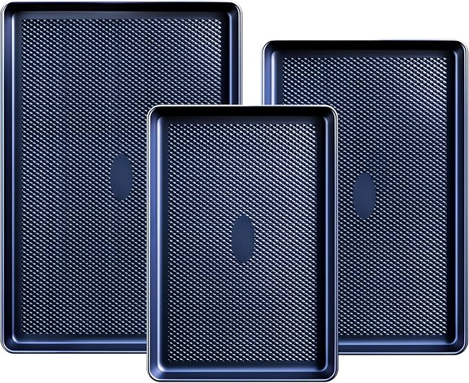 SAKER 3 Pack Nonstick Baking Sheet Set, Carbon Steel Cookie Pan with Cooling Rack, Even Heat Distribution & Warp-Resistant for Oven Baking, Roasting & Cooking (Blue)