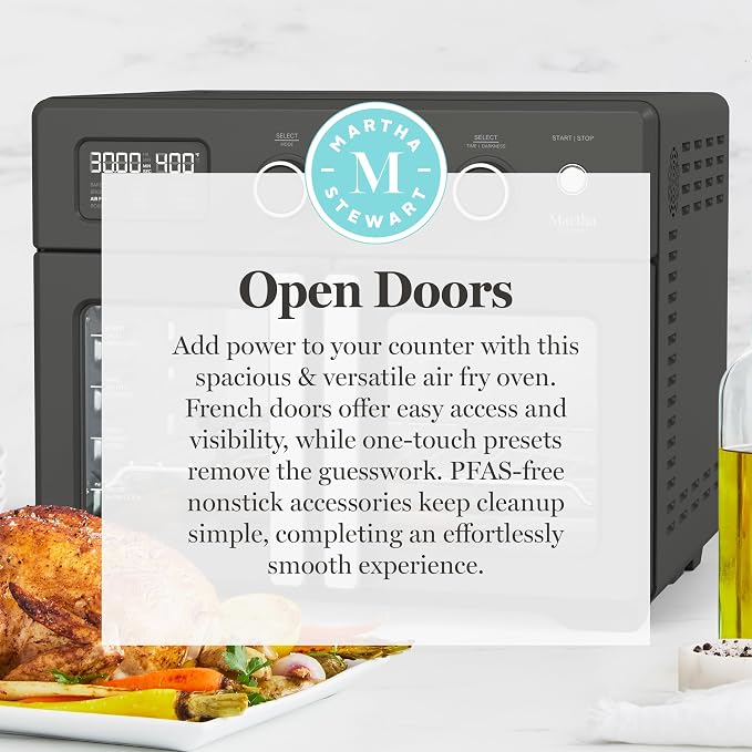 Martha Stewart French Door Air Fryer Toaster Oven Combo, 34QT Countertop Convection, 12-in-1, Bake, Broil, Roast, Fits 12” Pizza, Dehydrate, 5 Accessories, Air Fry Basket, Stainless Steel, Caviar Gray