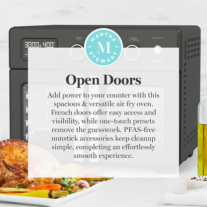 Martha Stewart French Door Air Fryer Toaster Oven Combo, 34QT Countertop Convection, 12-in-1, Bake, Broil, Roast, Fits 12” Pizza, Dehydrate, 5 Accessories, Air Fry Basket, Stainless Steel, Caviar Gray