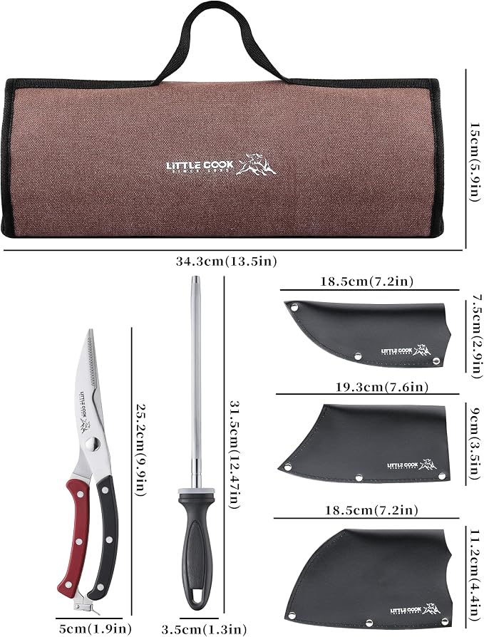 9PCS Butcher Knife Set, 7" butcher meat cleaver, a 7" Serbian chef knife, a 6.5" Viking knife, 3 Knife Sheath, Poultry Shears, Honing steel and Knife Roll Bag (Unique Bull Pattern)