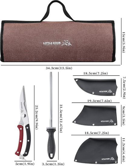 9PCS Butcher Knife Set, 7" butcher meat cleaver, a 7" Serbian chef knife, a 6.5" Viking knife, 3 Knife Sheath, Poultry Shears, Honing steel and Knife Roll Bag (Unique Bull Pattern)