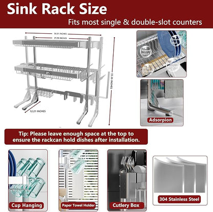 VNKZI Over Sink Dish Drying Rack, 3 Tier Full Stainless Steel Storage Adjustable Length (25.98'' to 36.61'') Kitchen Rack, Multifunctional Expandable Counter Organizer, Space Saver Dish Rack