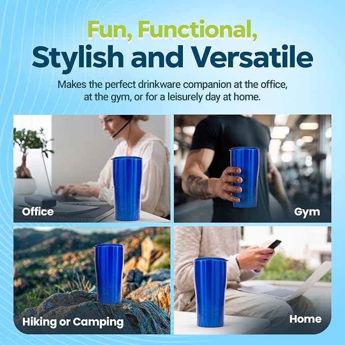 Silver Buffalo Double Walled Vacuum Insulated Stainless Steel Tumbler With Easy Sip Lid Keeps Hot and Cold, Travel Coffee Mug Clear Lid, 20 Ounces, Blue