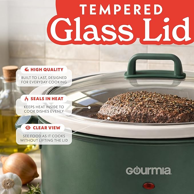 Gourmia Slow Cooker - 7 Quart Removable Ceramic Pot, Manual Controls with 3 Temperature Settings, Dishwasher Safe Crock and Glass Lid, Green