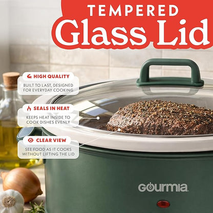 Gourmia Slow Cooker - 7 Quart Removable Ceramic Pot, Manual Controls with 3 Temperature Settings, Dishwasher Safe Crock and Glass Lid, Green