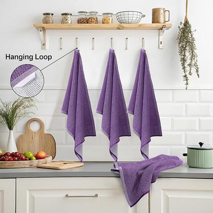 Mordimy Premium Kitchen Towels 8 Pack (18 x 28 Inches, Purple), Large Cotton Kitchen Hand Towel, Flat & Terry Dish Towels for Drying Dishes, Super Absorbent Tea Dishtowels Set with Hanging Loop