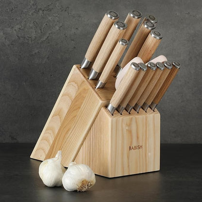 Babish High-Carbon 1.4116 German Steel 15 Piece Full Tang Forged Cutlery Kitchen Knife Block Set - Light Pakka Wood Handle