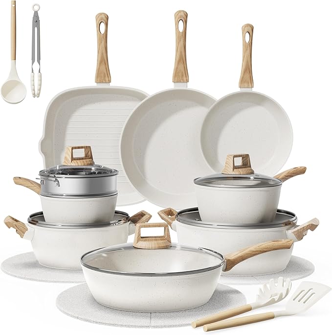 Bazova 24-Piece Pots and Pans Set Non Stick, Ceramic Cookware Set, Titanium-Reinforced Long-Lasting Nonstick,Non Toxic PFAS-Free, Induction Compatible, Complete Kitchen Cookware Set for Daily Cooking