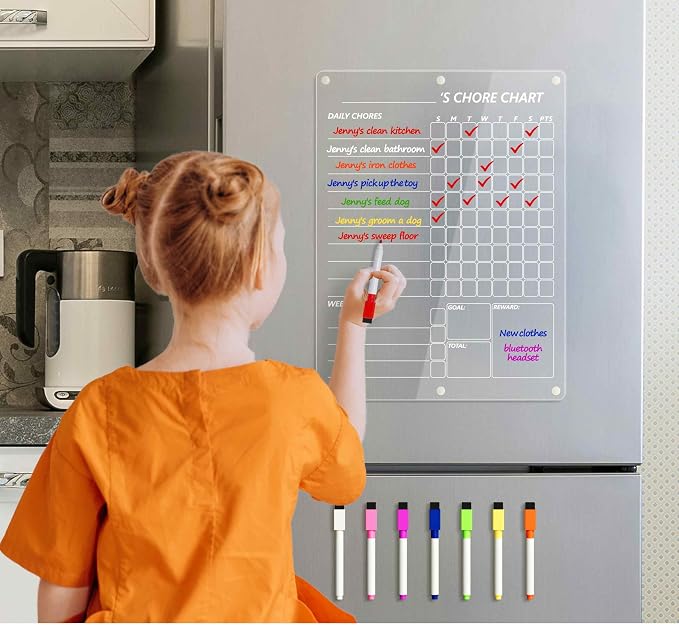 Neatsure Acrylic Magnetic Chore Chart for 2 Kids, Clear Chores Chart for Fridge Refrigerator, Weekly Dry Erase Board for Multiple Kids Teens Adults, w/ 8 Colors Markers, 15"x11"