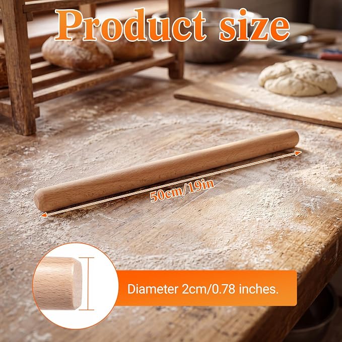 Gisafai 2 Pack Thin Rolling Pins Extra Long 3/4-inch Diameter Wooden Baking Dough Rolling Pins 19.69 In/ 50 cm Long Handmade for Large Baking, Tortilla, Bread, Nut Tart, Pizza