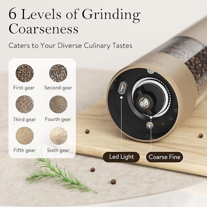 Ultrean Pepper Grinder, Rechargeable Salt and Pepper Grinder Set with 6 Adjustable Coarseness, LED Light, Electric Pepper Mill, Essentials for New Home Housewarming, Brown