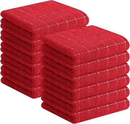 Homaxy 100% Cotton Terry Kitchen Towels(Red, 13 x 28 inches), Checkered Designed, Soft and Super Absorbent Dish Towels, 12 Pack