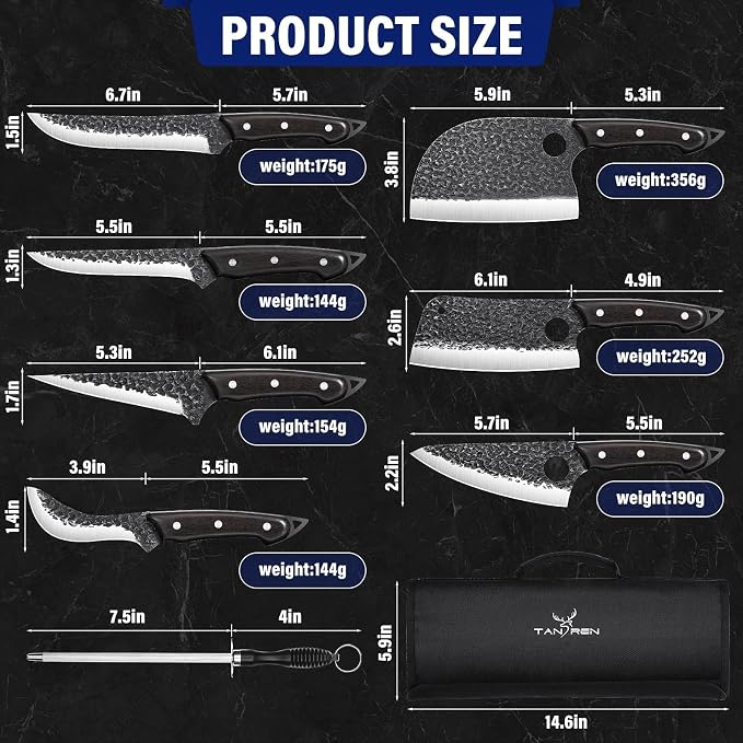 TAN REN Butcher Knife Set for Meat Cutting, 7PCS Professional Serbian Chef Knife Set with Bag, Hand Forged Viking Kitchen Knives