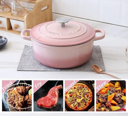 EDGING CASTING Enameled Cast Iron Covered 5.5 Quart Dutch Oven with Dual Handle, Dutch Ovens with Lid for Bread Baking, Pink
