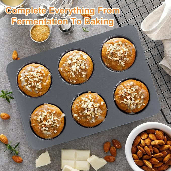 6 Cup Muffin Pan with Lid, Carbon Steel Non Stick Cupcake Pans for Baking, 9 x 13 Inch Even Crical Deep Baking Pan for Cup Cake, English Muffin, Whoopie Pie, Hamburger Buns