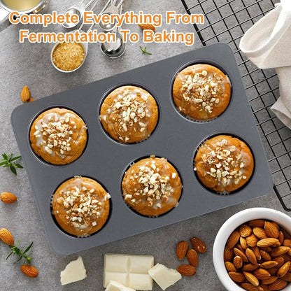6 Cup Muffin Pan with Lid, Carbon Steel Non Stick Cupcake Pans for Baking, 9 x 13 Inch Even Crical Deep Baking Pan for Cup Cake, English Muffin, Whoopie Pie, Hamburger Buns