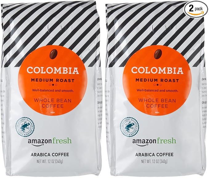 Amazon Fresh Colombia Whole Bean Coffee, Medium Roast, 12 Ounce (Pack of 2)