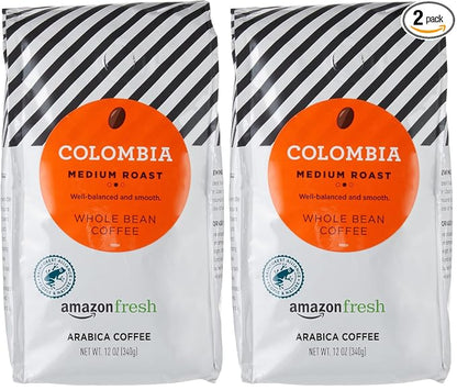 Amazon Fresh Colombia Whole Bean Coffee, Medium Roast, 12 Ounce (Pack of 2)