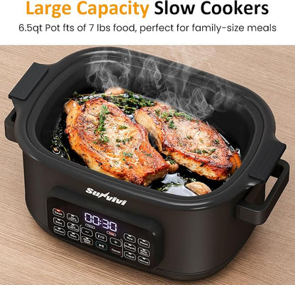 Sunvivi 12-in-1 Multi Cooker, 6.5QT Programmable Slow Cooker with Timer & Temp Control, Auto Warm Setting, Delay Start, Dishwasher Safe Lid & Removable Nonstick Crock, Stainless Steel Rack, Black