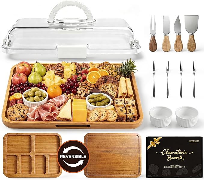 Renmxj Charcuterie Boards with Lid Gift Set, 2 in 1 Travel Portable Cheese Board with Knives Set, Natural Bamboo Charcuterie Tray, Housewarming Gifts New Home, Picnic, Wedding Gifts, White Handle