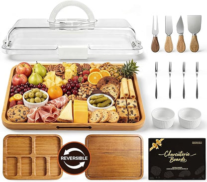 Renmxj Charcuterie Boards with Lid Gift Set, 2 in 1 Travel Portable Cheese Board with Knives Set, Natural Bamboo Charcuterie Tray, Housewarming Gifts New Home, Picnic, Wedding Gifts, White Handle