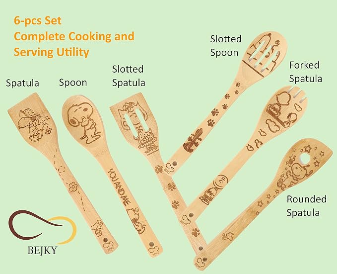 Bejky 6-Pcs Wooden Bamboo Spoons Set - Organic Food Cooking Utensils - Kitchen Accessories and Home Decor - Cookware Gifts for Women - Nonstick Easy Wash Spatulas - 3D Engraved Patterns (Cartoon Dog)