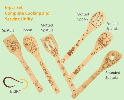 Bejky 6-Pcs Wooden Bamboo Spoons Set - Organic Food Cooking Utensils - Kitchen Accessories and Home Decor - Cookware Gifts for Women - Nonstick Easy Wash Spatulas - 3D Engraved Patterns (Cartoon Dog)