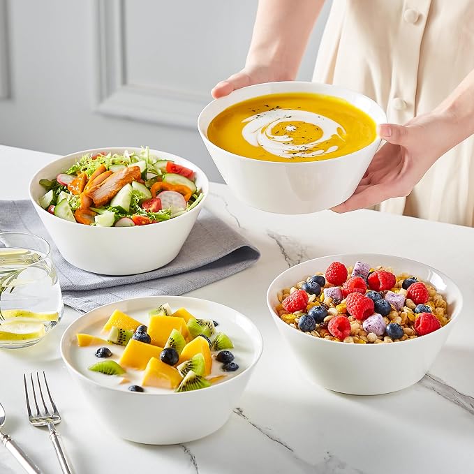MALACASA 35 OZ Soup Bowls, White Porcelain Bowls Set of 4, Deep Bowl for Kitchen, Large Ceramic Bowls for Soup, Cereal, Salad, Ramen and Fruit, Dishwasher & Microwave Safe, Series Regular
