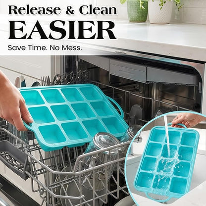 Vinino Silicone Brownie Pan with Dividers, 1 Pack Mini Loaf Pan for Baking Individual, Nonstick 12 Cups Square Muffin Cupcake Pans with Metal Reinforced Frame-Aqua Blue