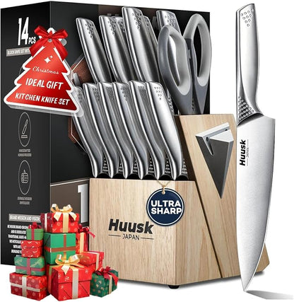 Huusk Knife Set with Block and Sharpener, 14 Pcs Japanese Stainless Steel Kitchen Knife Sets, Sharp Silver Professional Knives Set with Box for Kitchen, Gifts for Men Women