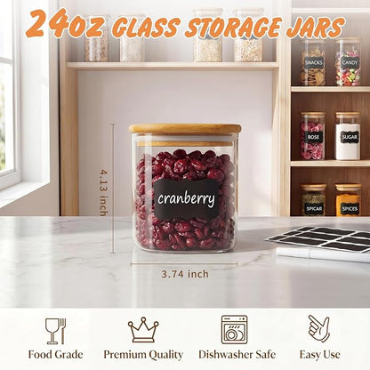 SENTVEND 24 Oz Glass Storage Jars with Bamboo Lids - 6 Pack Clear Glass Canisters Square Airtight Stackable Ideal for Pantry Storage Containers Organizers Great for Storing Oats Coffee Beans Nuts etc