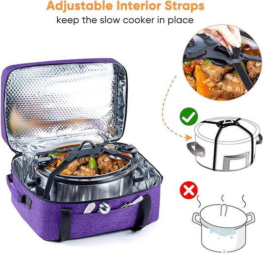 BAGSPRITE Double-Layer Slow Cooker Carrying Bag for 6-8 Quart CrockPot and Hamilton Beach Slow Cooker, Travel Bag with Lid Fastener for Crock-pot, Portable Carrier Case Slow Cooker Bag, Purple